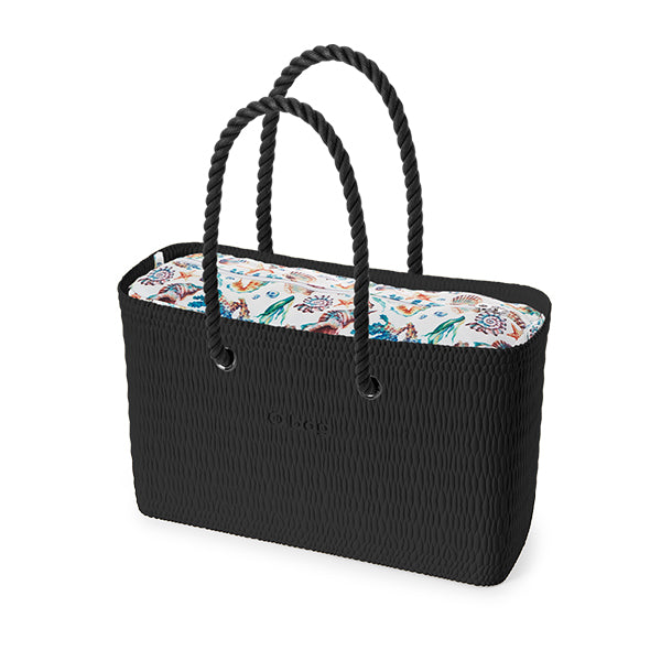 Borsa composta O bag Beach manico lungo corda e sacca tessuto cavalluccio marino nero