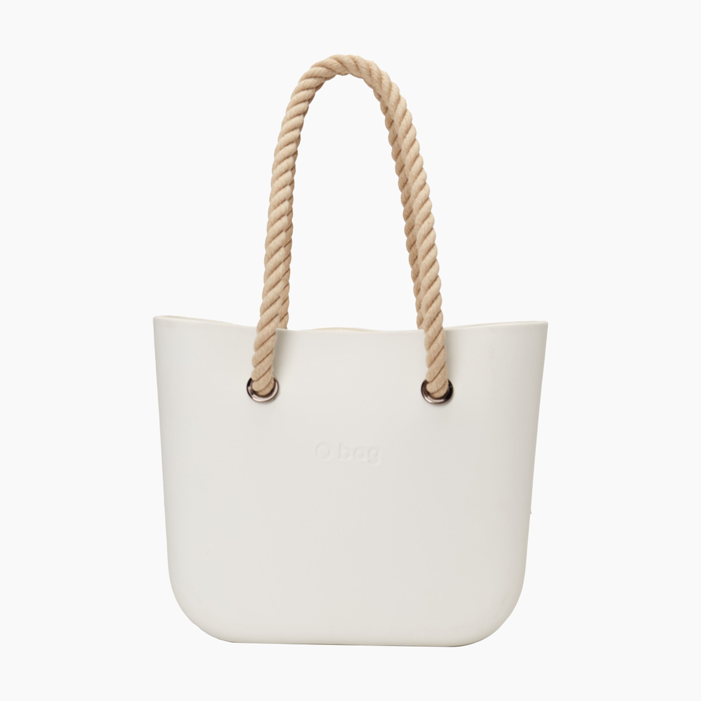 O bag mini con manico lungo in corda e sacca tessuto canvas