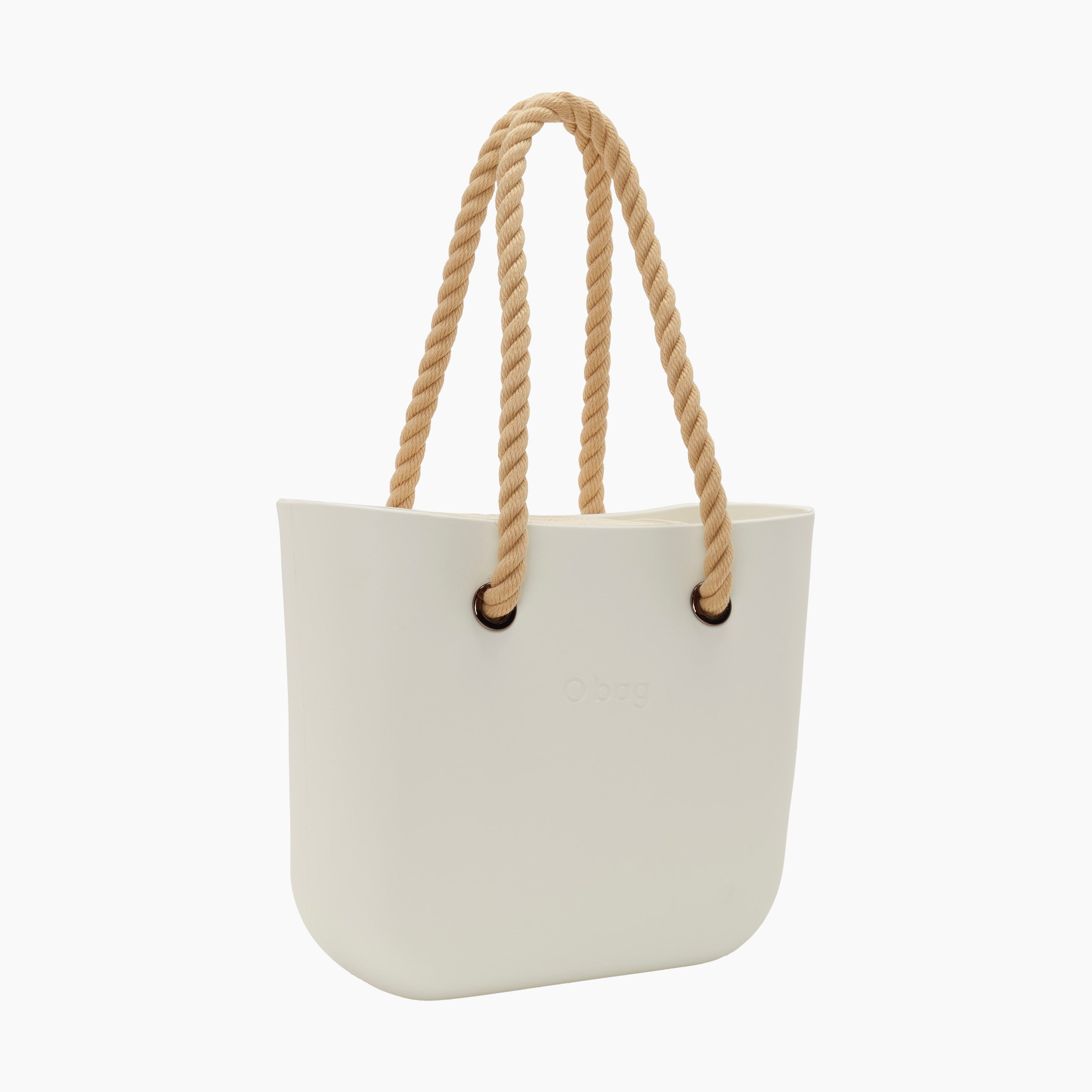O bag mini con manico lungo in corda e sacca tessuto canvas