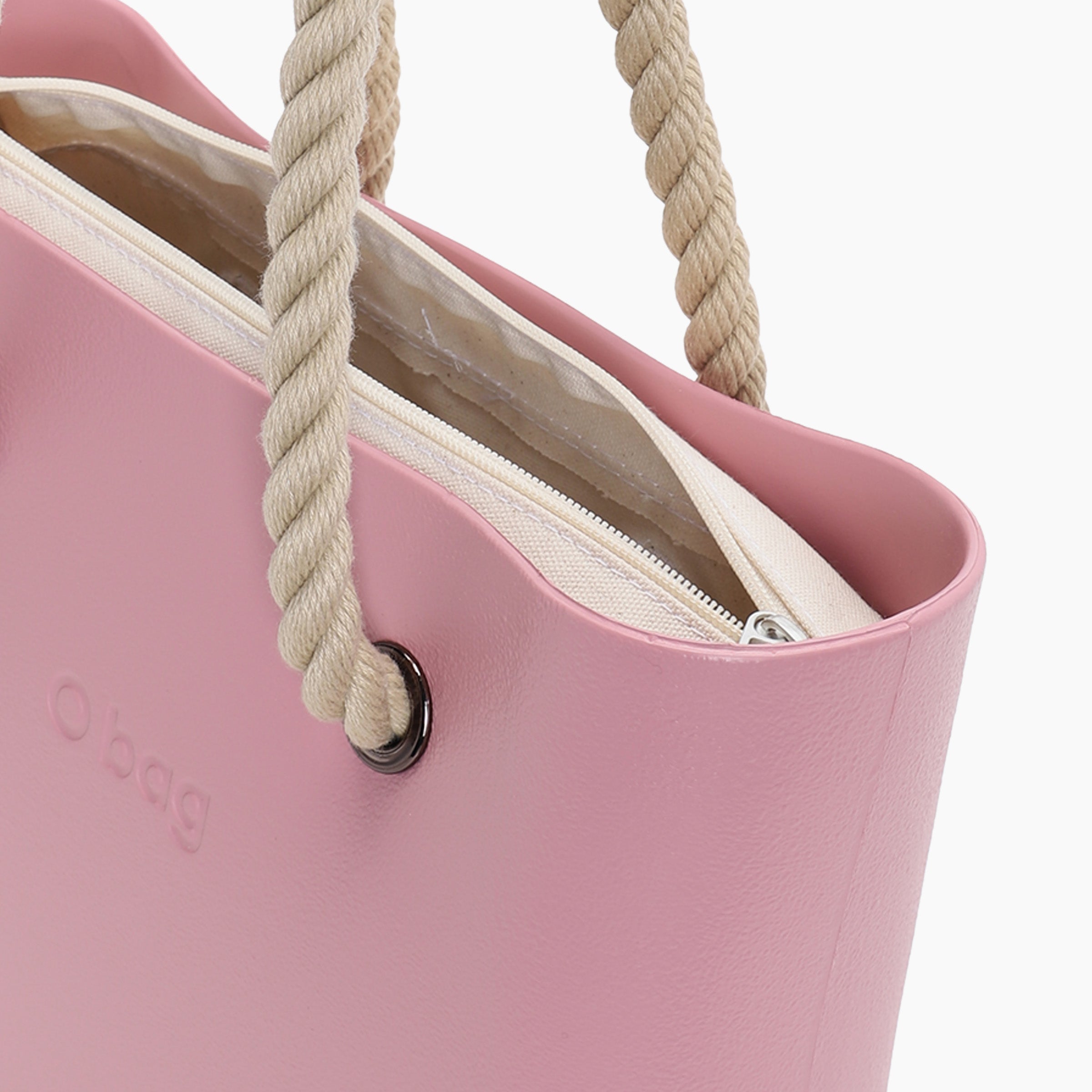 Borsa composta O bag mini manico lungo corda e sacca tessuto canvas blush