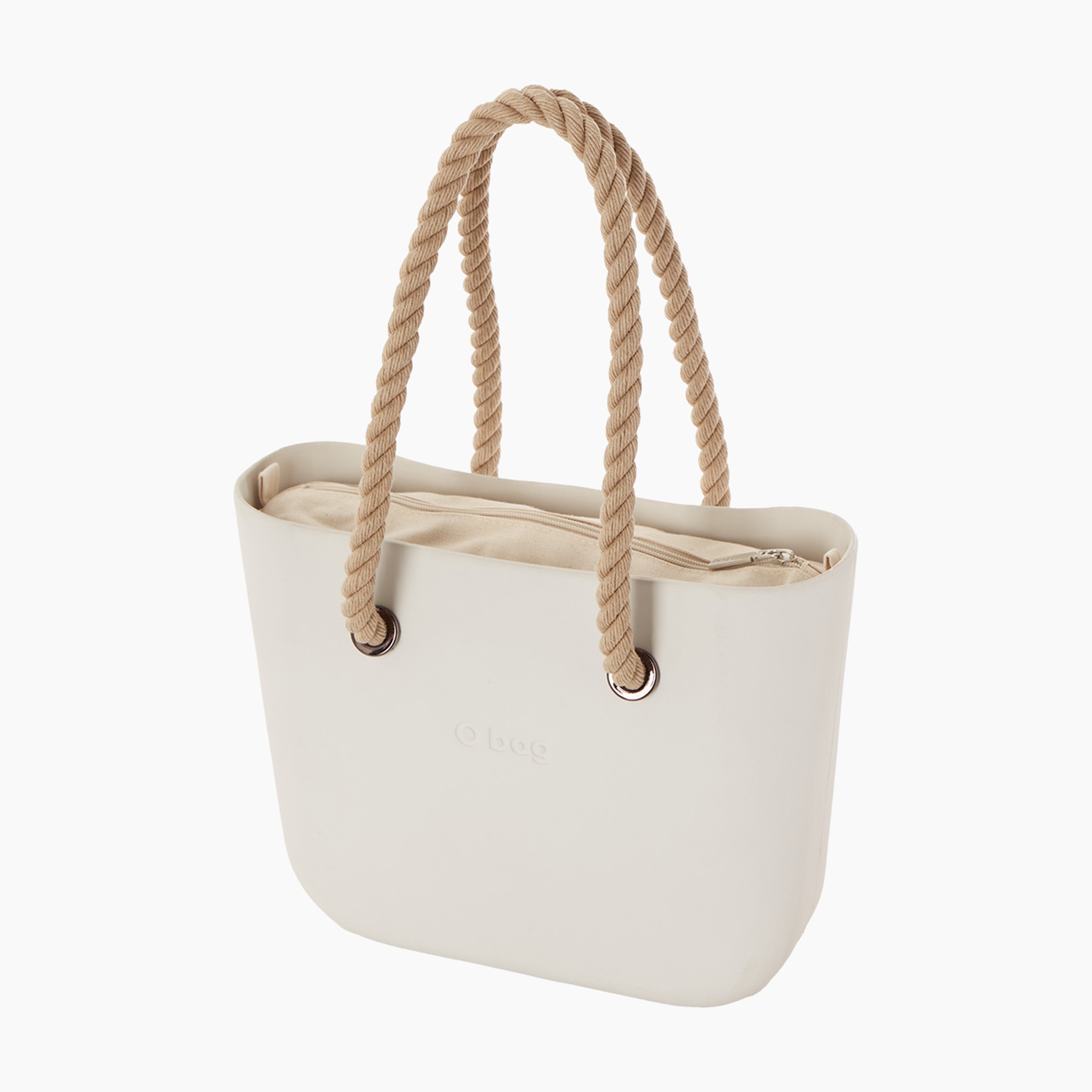 O bag mini con manico lungo in corda e sacca tessuto canvas